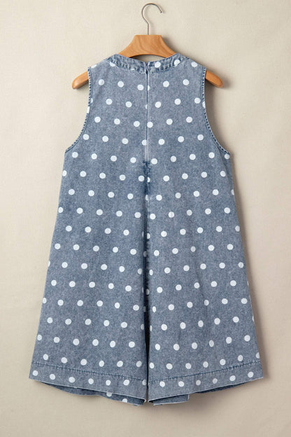 Sky Blue Polka Dot Print Tie V Neck Pleated Loose Denim Romper