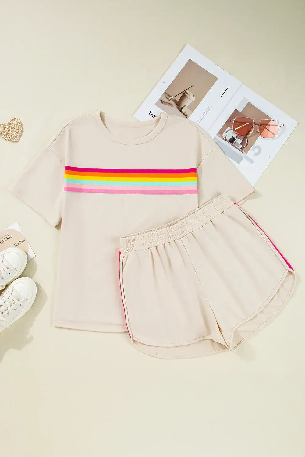 Rose Red Vibrant Striped Detail Athleisure 2pcs Short Set - Sweet Fashion Wholesale