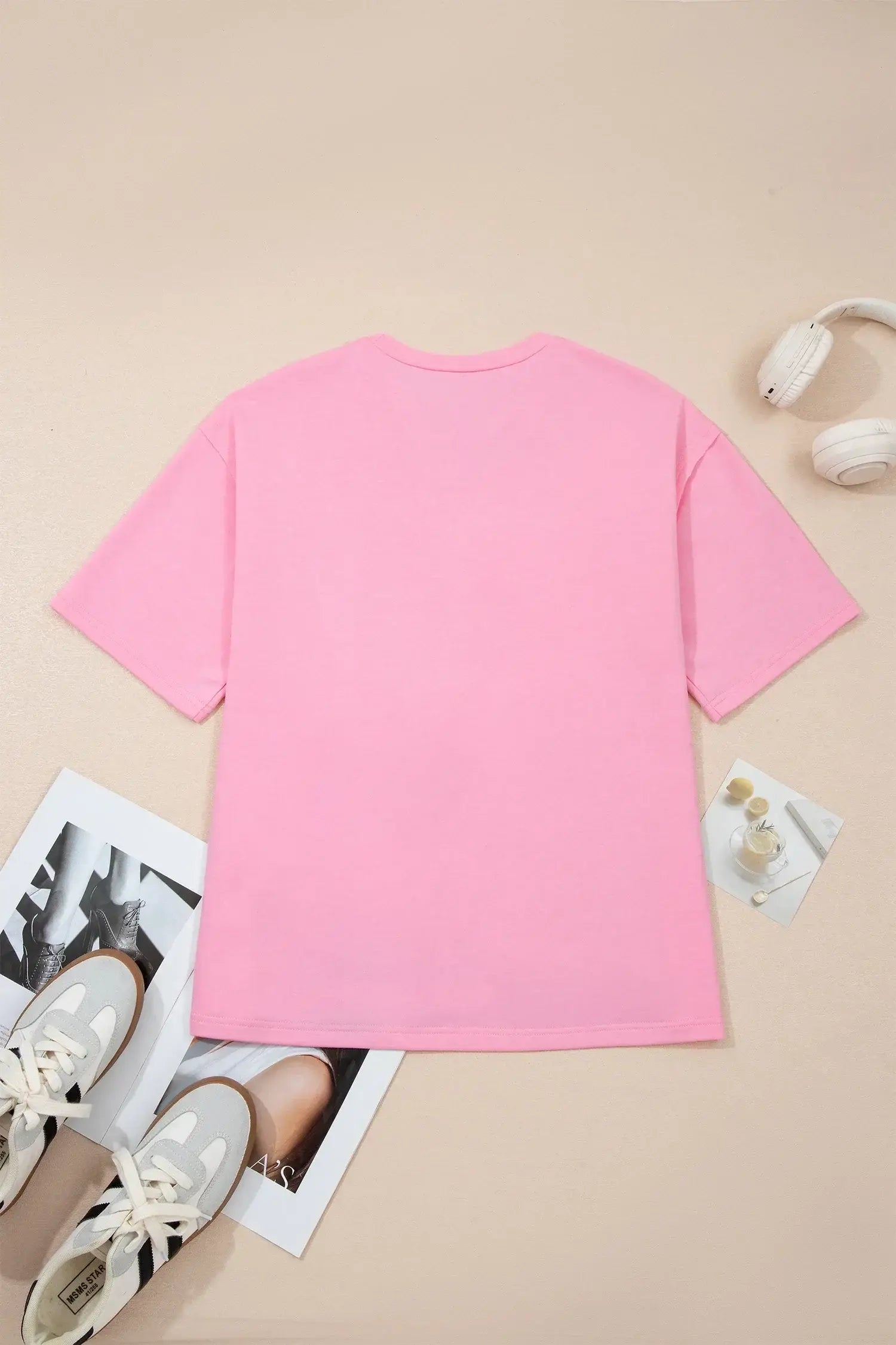 Pink Solid Color Raw Edge Bow Patch Loose T Shirt - Sweet Fashion Wholesale