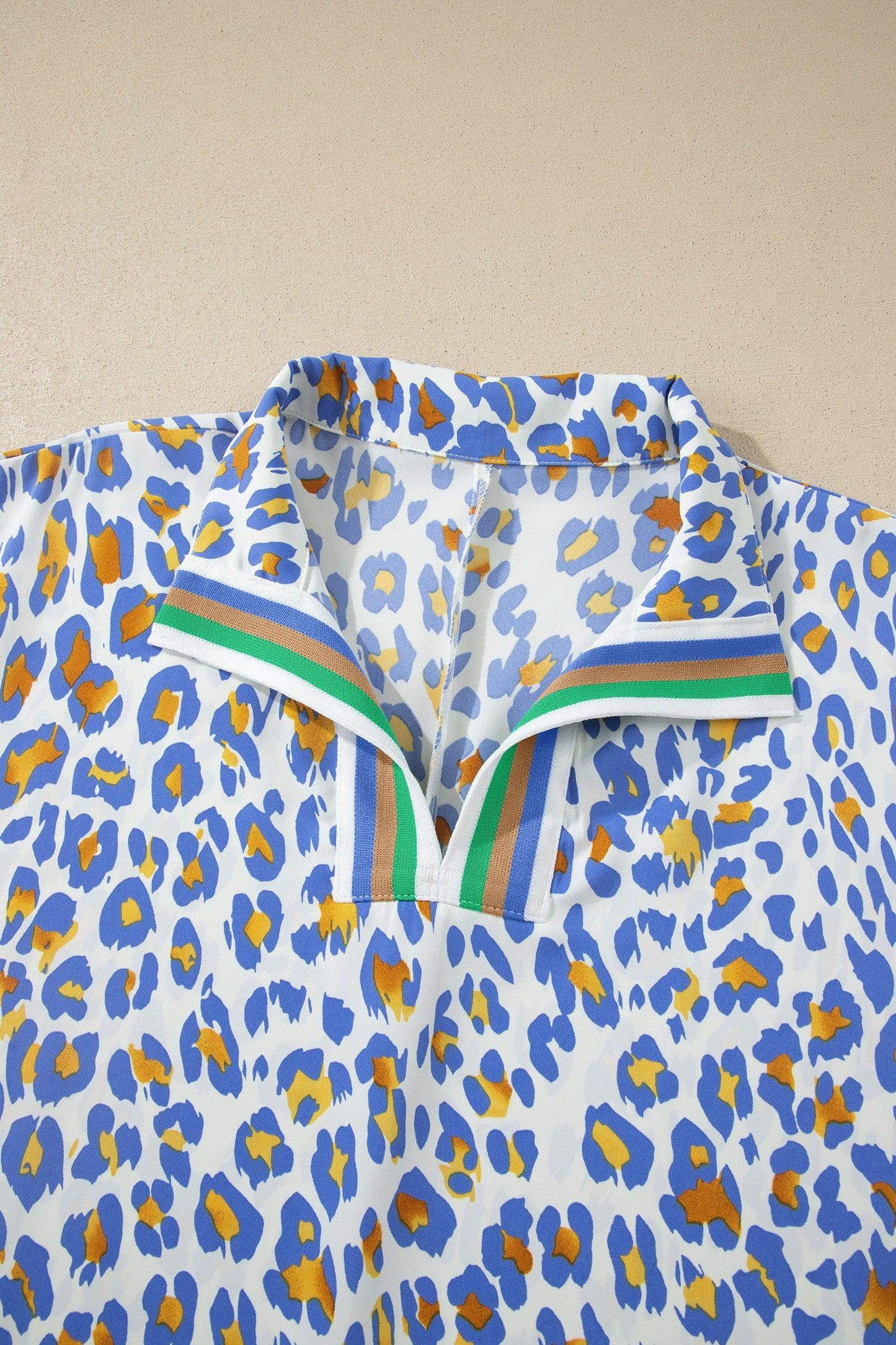 Sky Blue Leopard Color Block Contrast Striped V Neck Half Sleeve Loose Fit Blouse - Sweet Fashion Wholesale