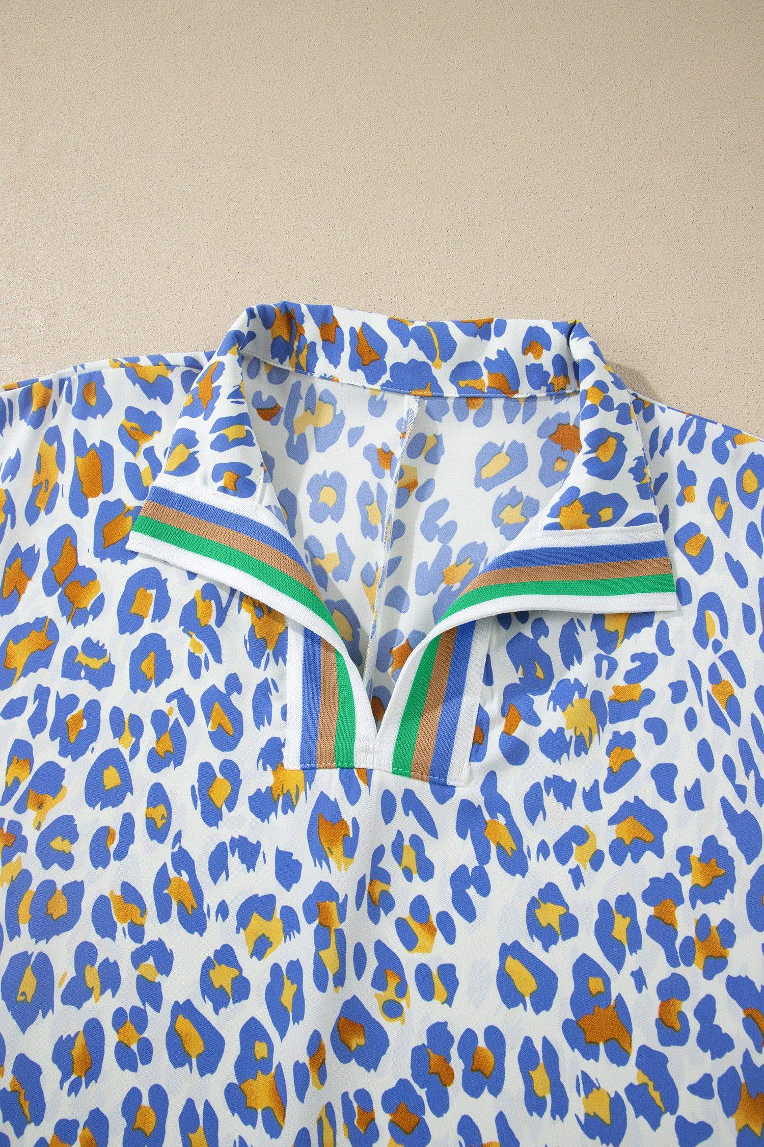 Sky Blue Leopard Color Block Contrast Striped V Neck Half Sleeve Loose Fit Blouse - Sweet Fashion Wholesale