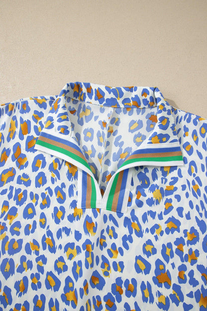 Sky Blue Leopard Color Block Contrast Striped V Neck Half Sleeve Loose Fit Blouse - Sweet Fashion Wholesale
