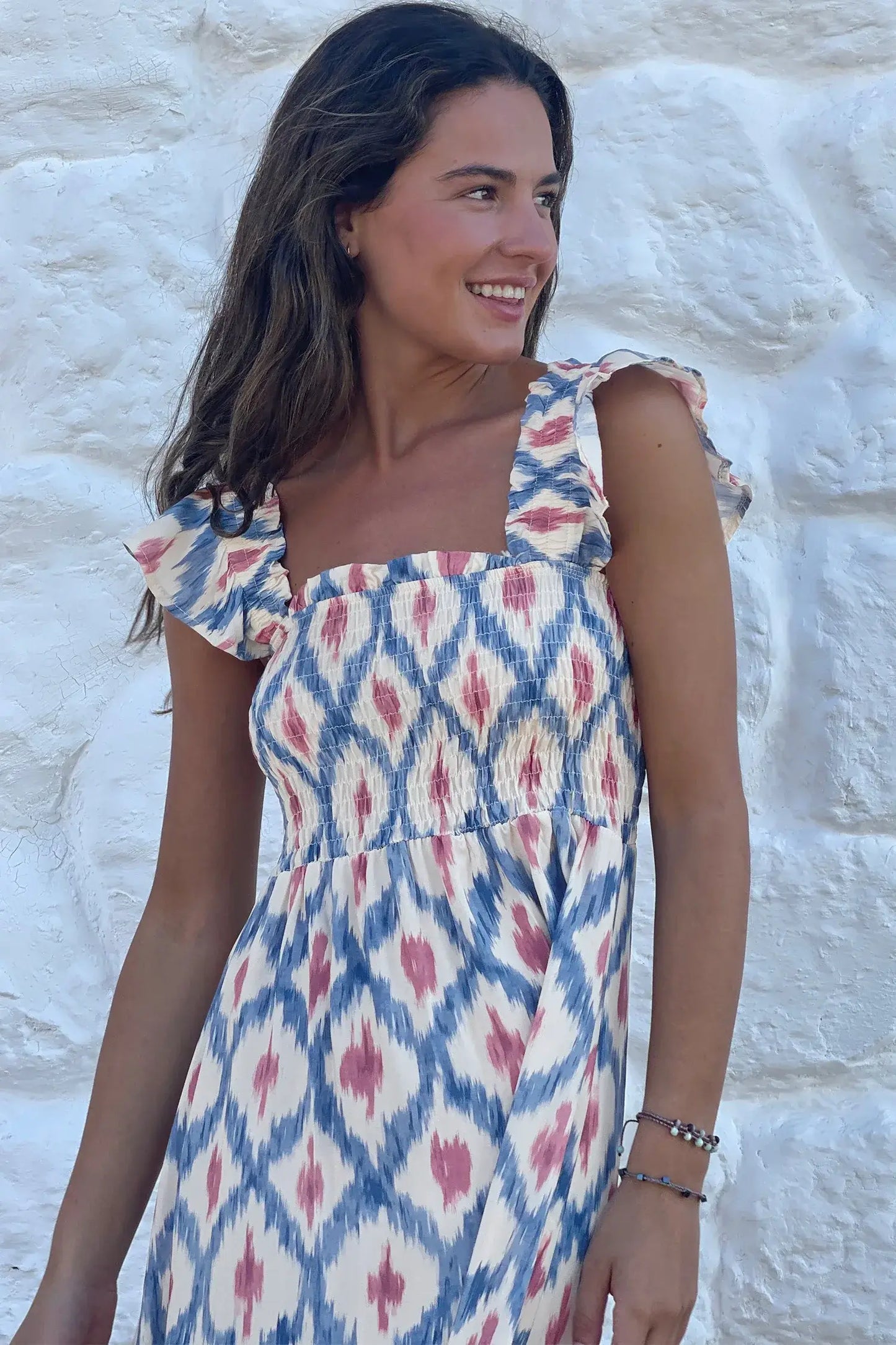 Sky Blue Ethnic Geometric Print Square Neck Smocked High Waist Ruffle Sleeve Dress - Sweet Fashion Wholesale