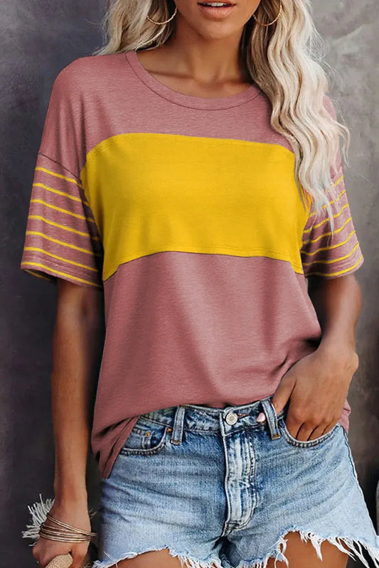 Red Dahlia Color Block Striped Detail Loose T Shirt - Sweet Fashion Wholesale