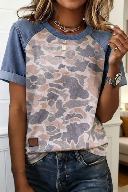 Multicolour Camouflage Print Denim Color Block Sleeve Casual Tee