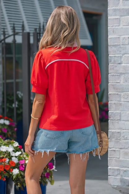 Sky Blue Striped Frilled Collar Short Sleeve Blouse