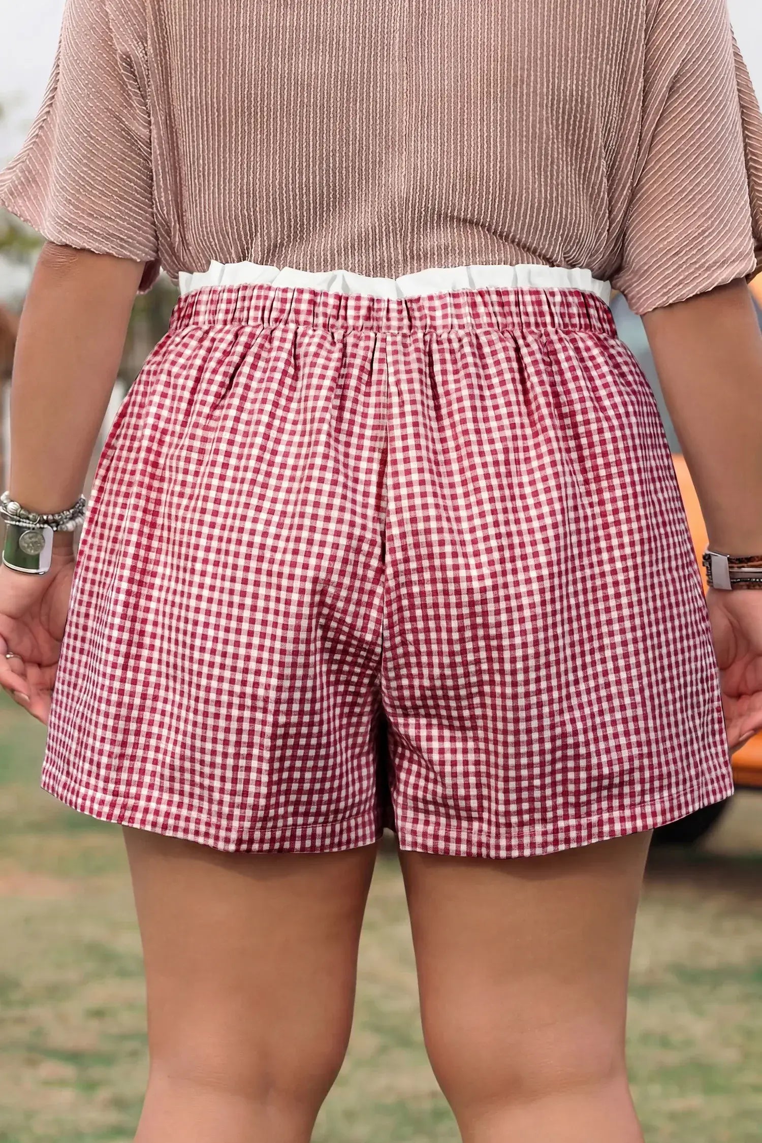 Red Contrast Trim Plaid Print Plus Size Shorts - Sweet Fashion Wholesale