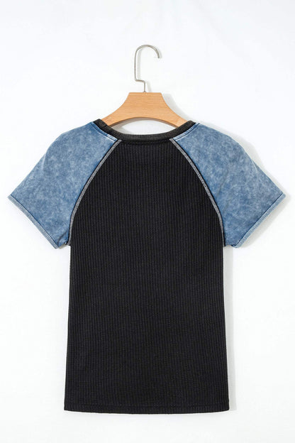 Carbon Grey Waffle Knit Seam Detail Color Block Patchwork Short Sleeve Top