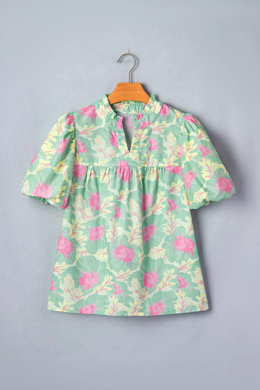 Yellow Short Bubble Sleeve Summer Floral Blouse