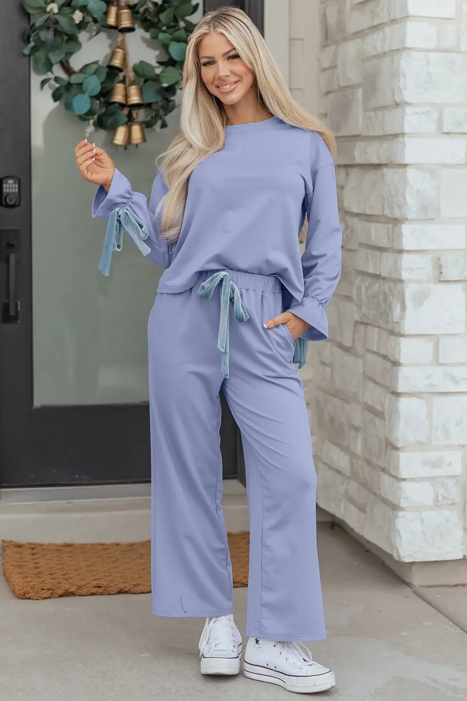 Beau Blue Flounce Long Sleeve Top Drawstring Pants Contrast Velvet Bow Knot 2pcs Lounge Set - Sweet Fashion Wholesale