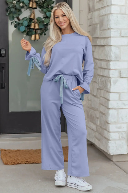 Beau Blue Flounce Long Sleeve Top Drawstring Pants Contrast Velvet Bow Knot 2pcs Lounge Set - Sweet Fashion Wholesale