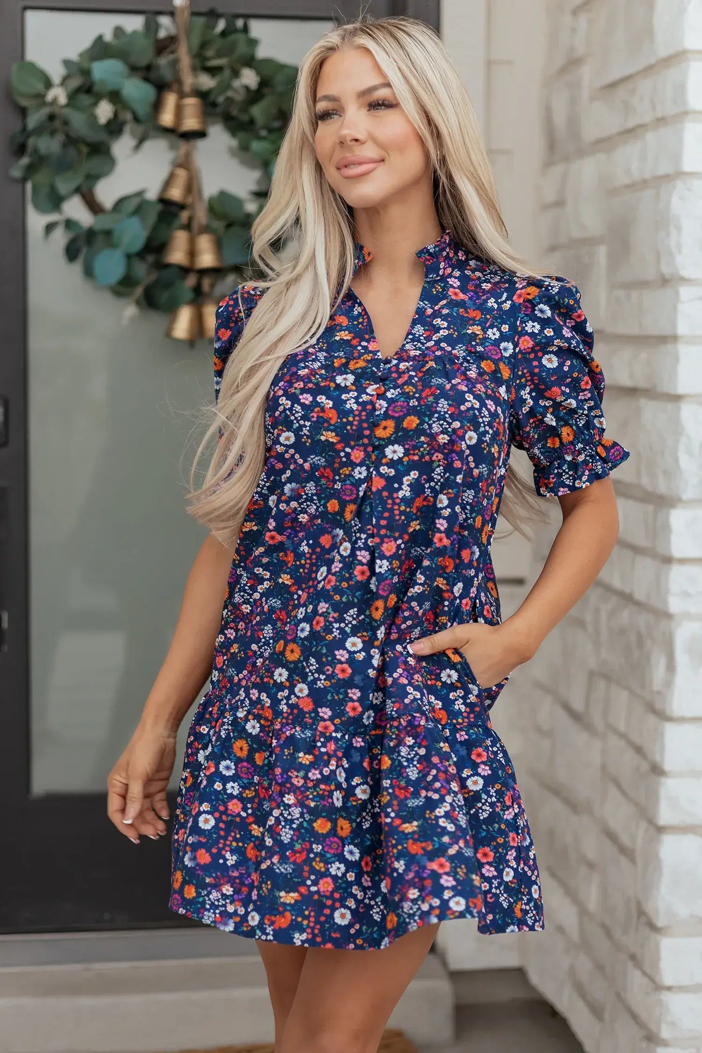 Blue Wild Daisy Floral Split Neck Short Puff Sleeve Mini Dress - Sweet Fashion Wholesale