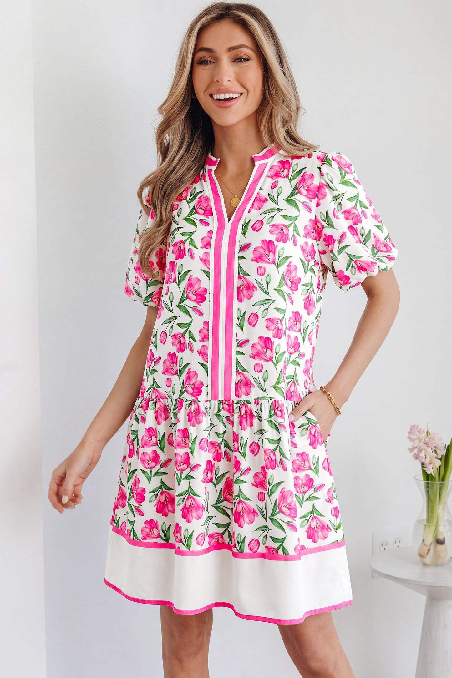 Multicolour Sweet Floral Print Striped Color Block Trim Short Dress