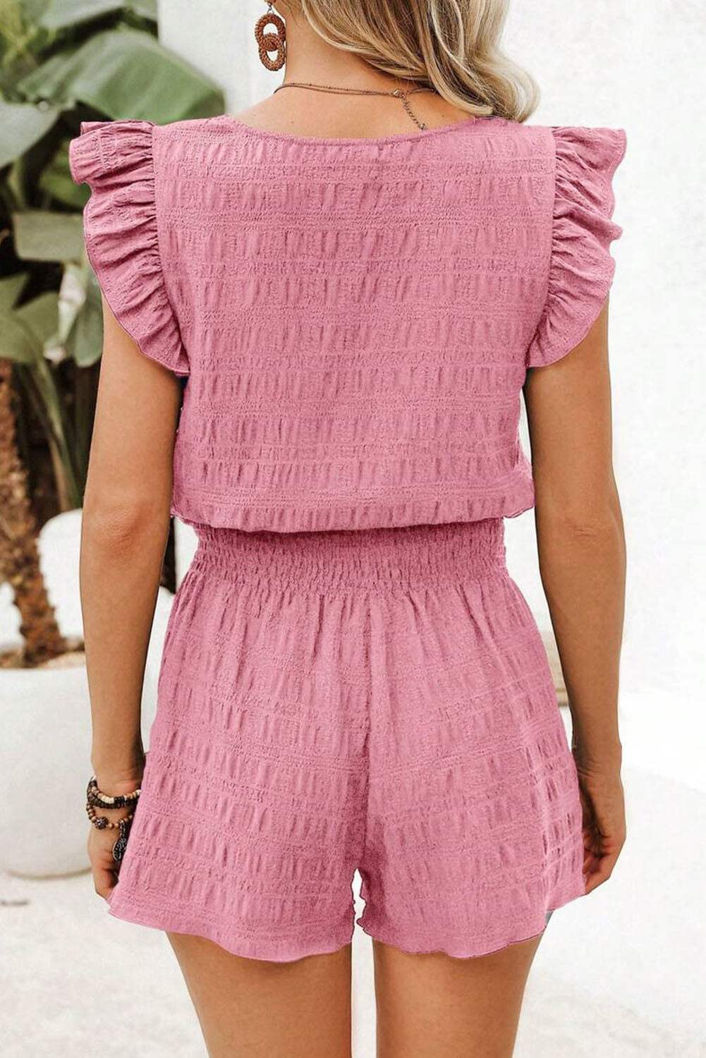 Peach Blossom Textured Square Neck Top and Shirred High Waist Shorts Set