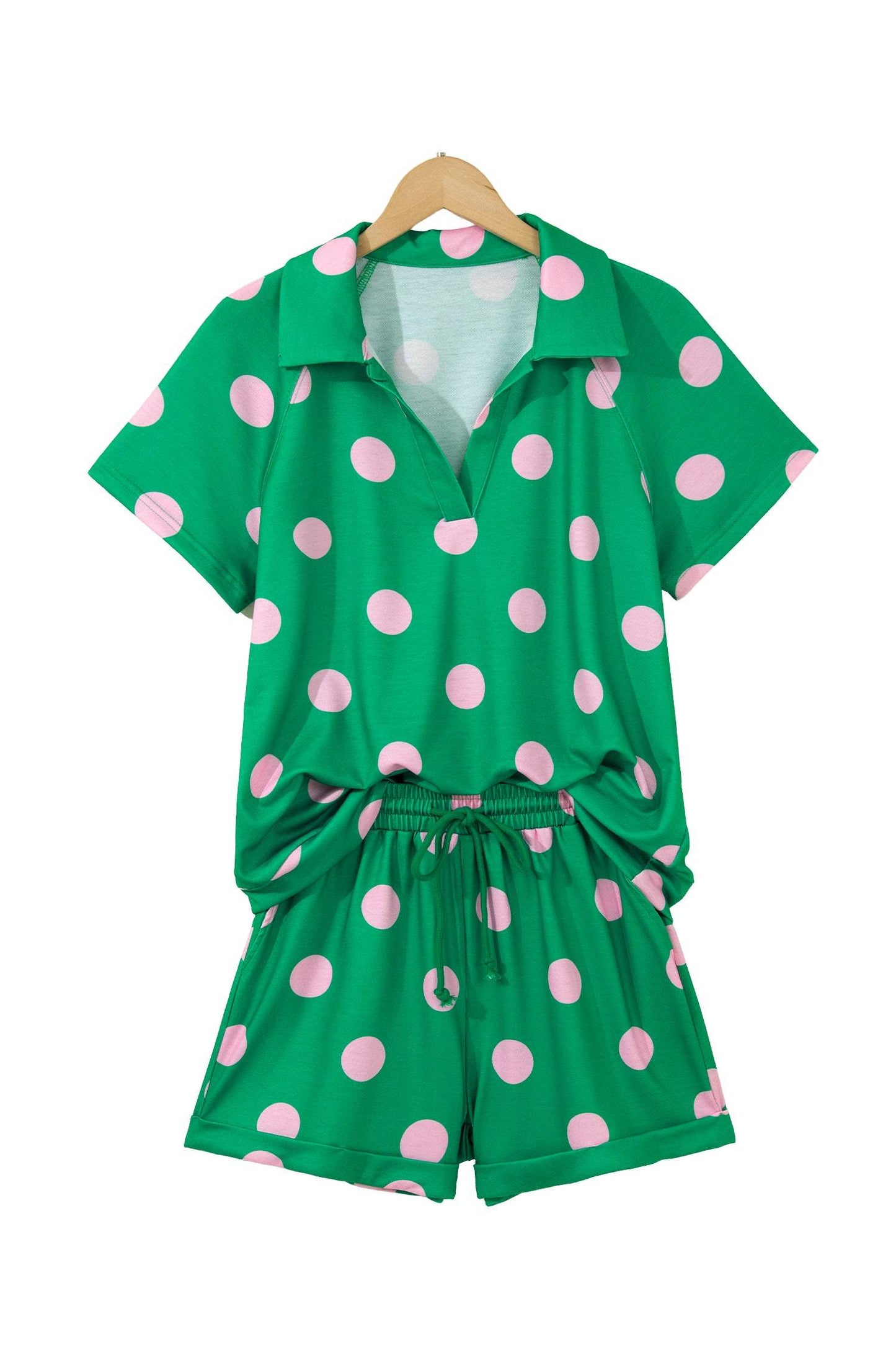 Green Polka Dot Print V Neck Tee Short Set