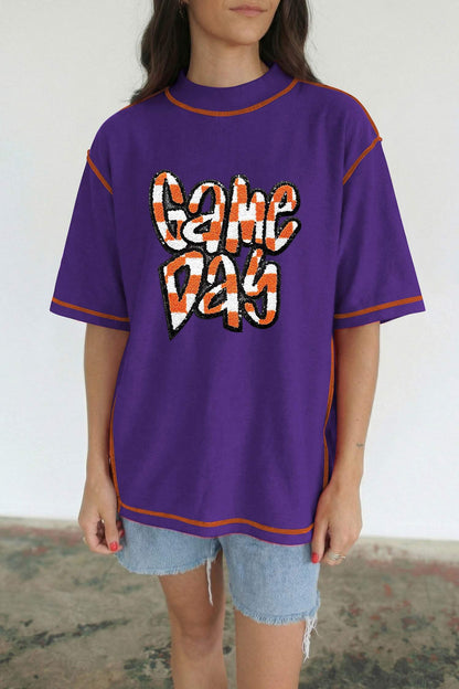 Tillandsia Purple Contrast Seam Detail Checkered Game Day Chenille Graphic Tee