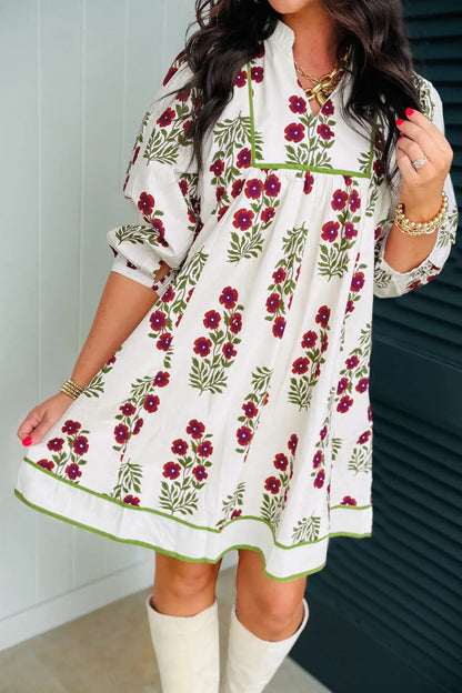 White Frilled V Neck 3/4 Sleeve Loose Floral Dress - Sweet Fashion Wholesale