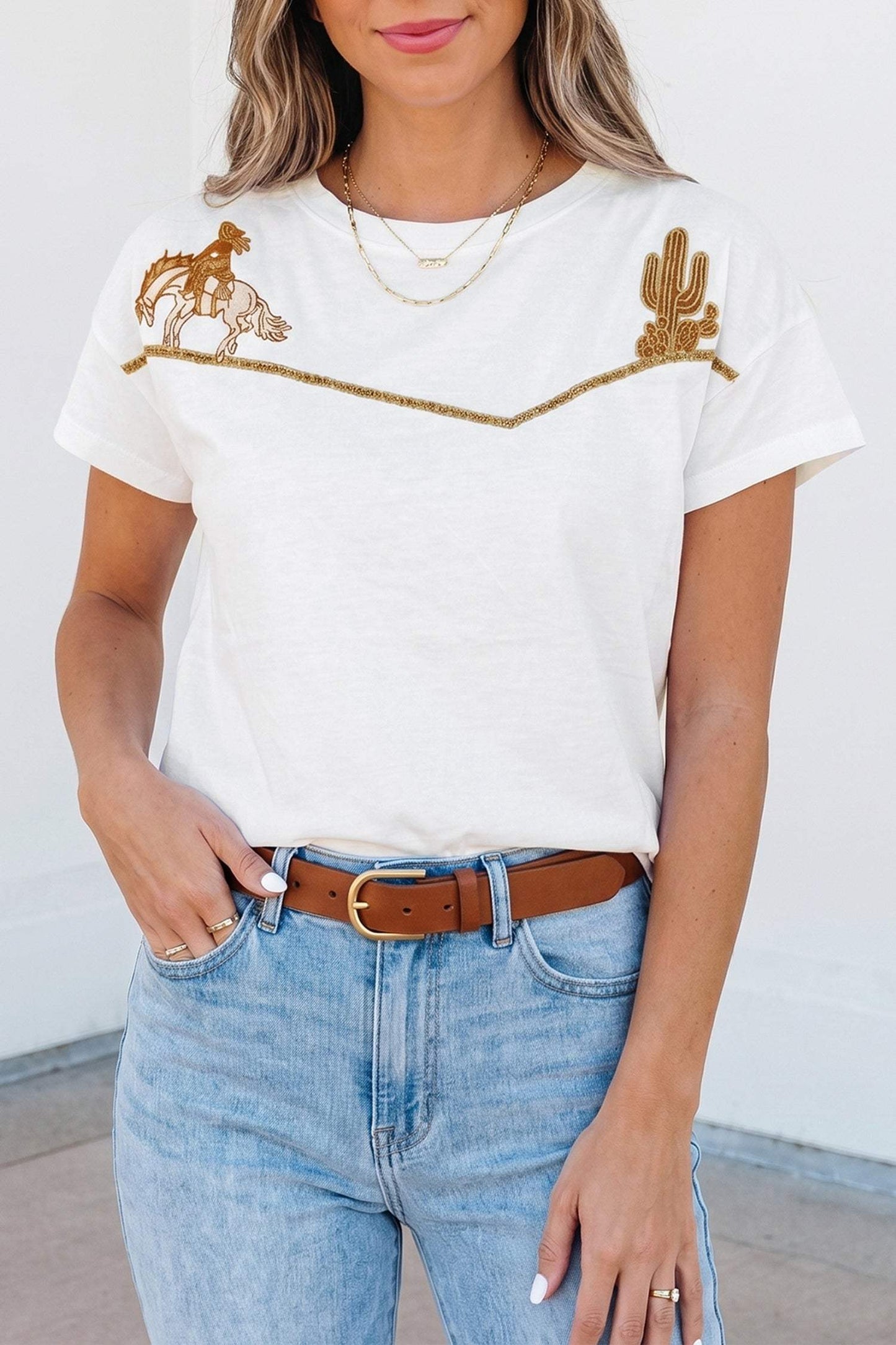 White Western Fashion Embroidered Casual Tee