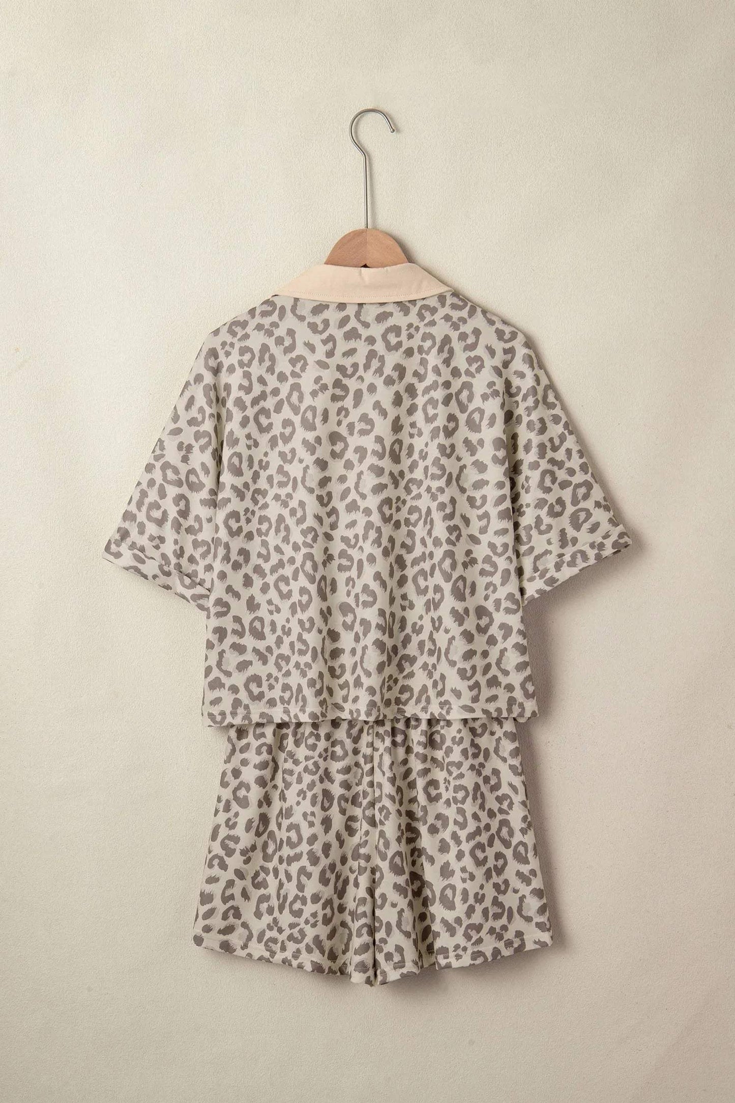 Khaki V Neck Collar Leopard Printed 2pcs Short Set