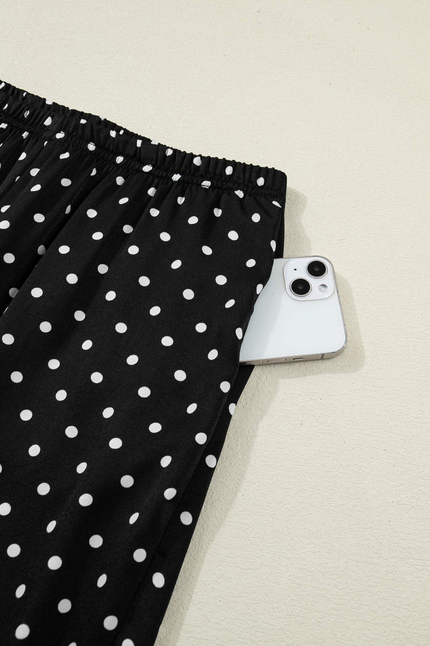 Black Polka Dot Print Elastic Waist Lace Hem Loose Pants