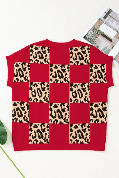 Red Leopard Checkerboard Short Sleeve Knit Sweater - Sweet Fashion Wholesale