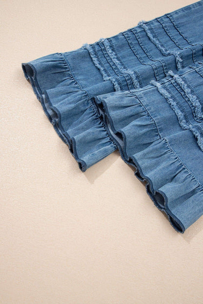 Dusk Blue Ruffled Hem Wide Leg Chambray Pants - Sweet Fashion Wholesale