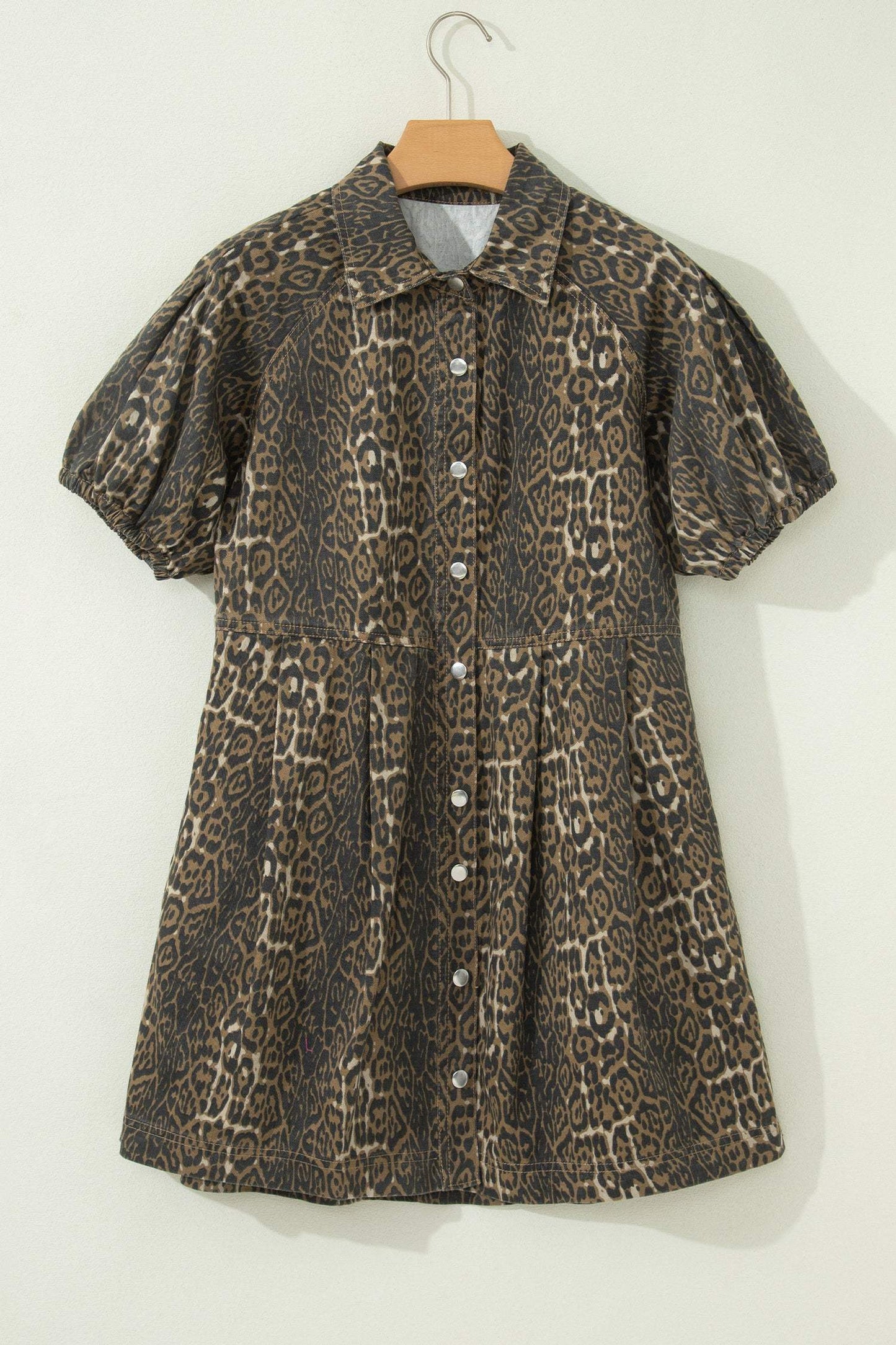 Gray Leopard Print Short Sleeve Pleated Denim Mini Dress