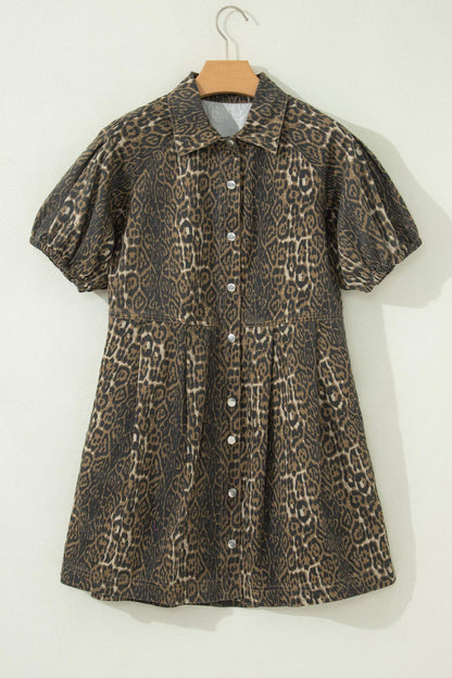 Gray Leopard Print Short Sleeve Pleated Denim Mini Dress