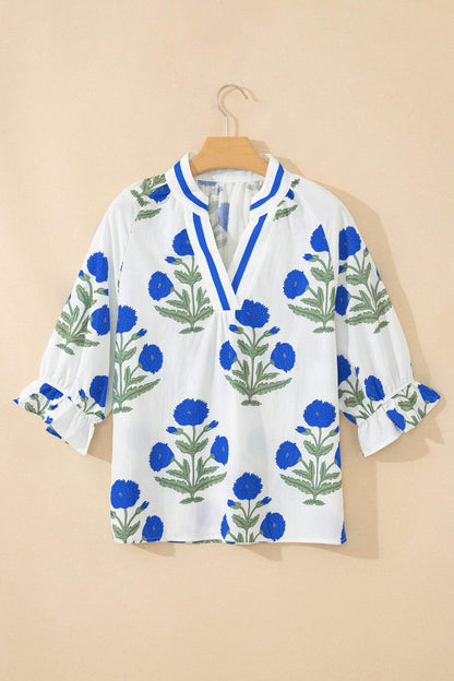 Green Casual Wild Flower Print V Neck 3/4 Sleeve Blouse