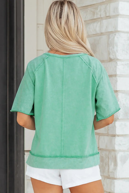 Mint Green Half Buttons Raw Seam Raglan Sleeve Mineral Wash T Shirt - Sweet Fashion Wholesale