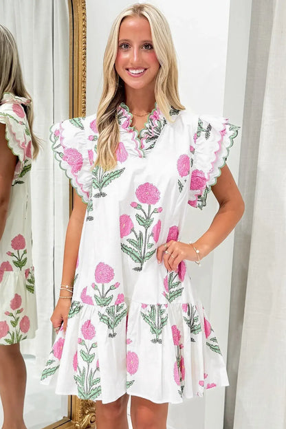 White Wild Floral Print Scalloped Embroidery Trim V Neck Drop Waist Mini Dress - Sweet Fashion Wholesale