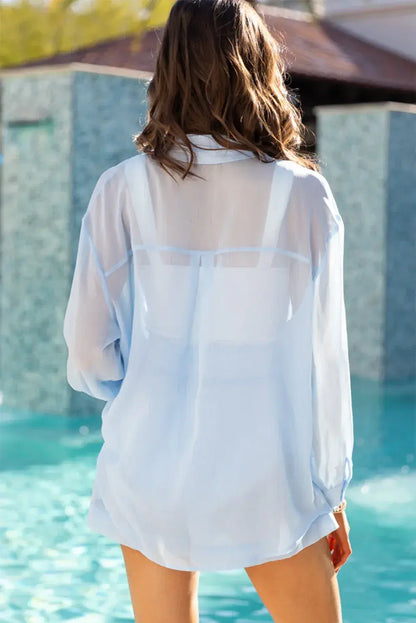 Beau Blue Sheer Tunic Shirt Drawstring Shorts 2pcs Swim Cover Up - Sweet Fashion Wholesale