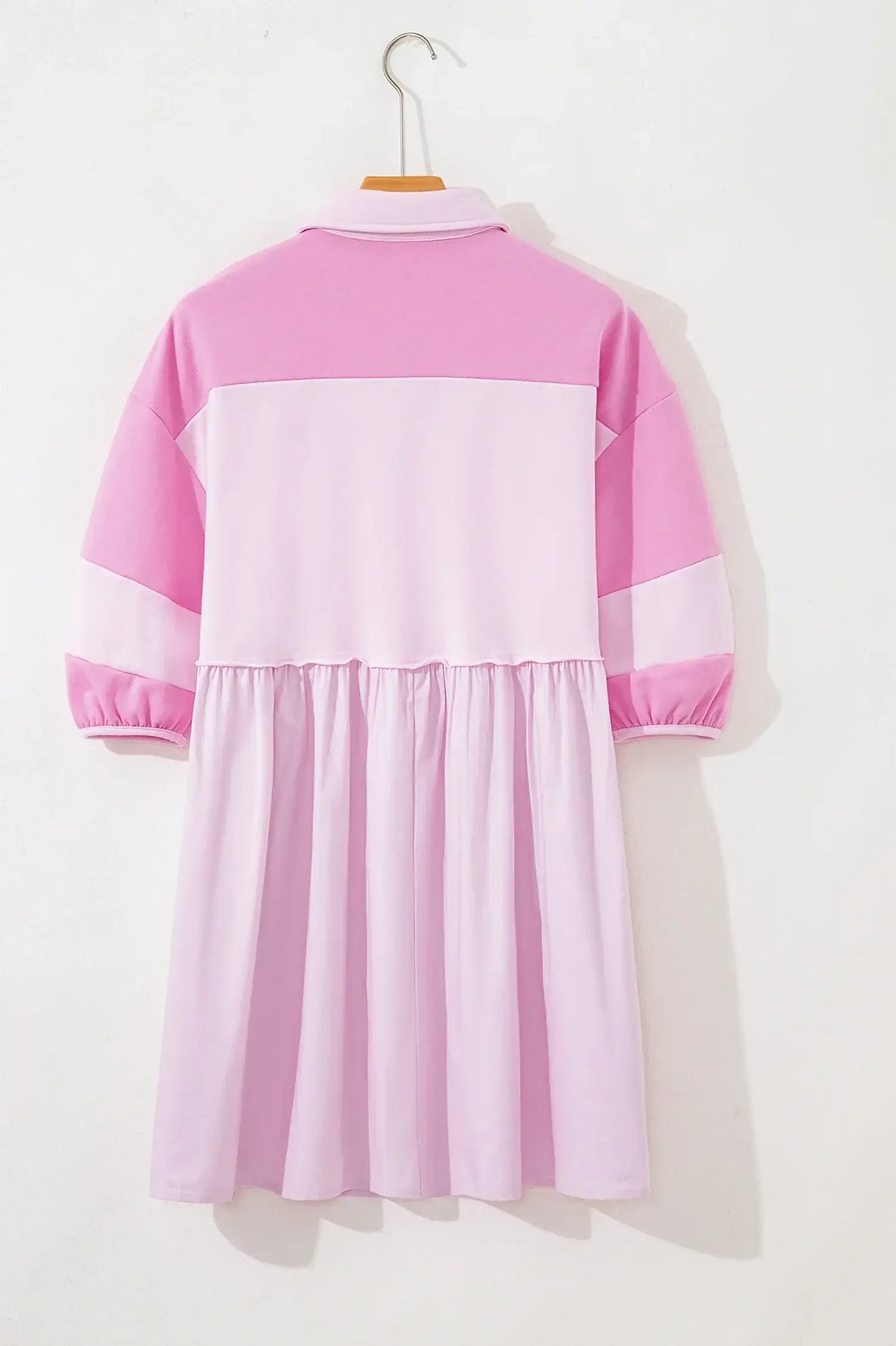 Pink Raw Seam Color Block Patchwork Button Polo Collar Mini Dress - Sweet Fashion Wholesale