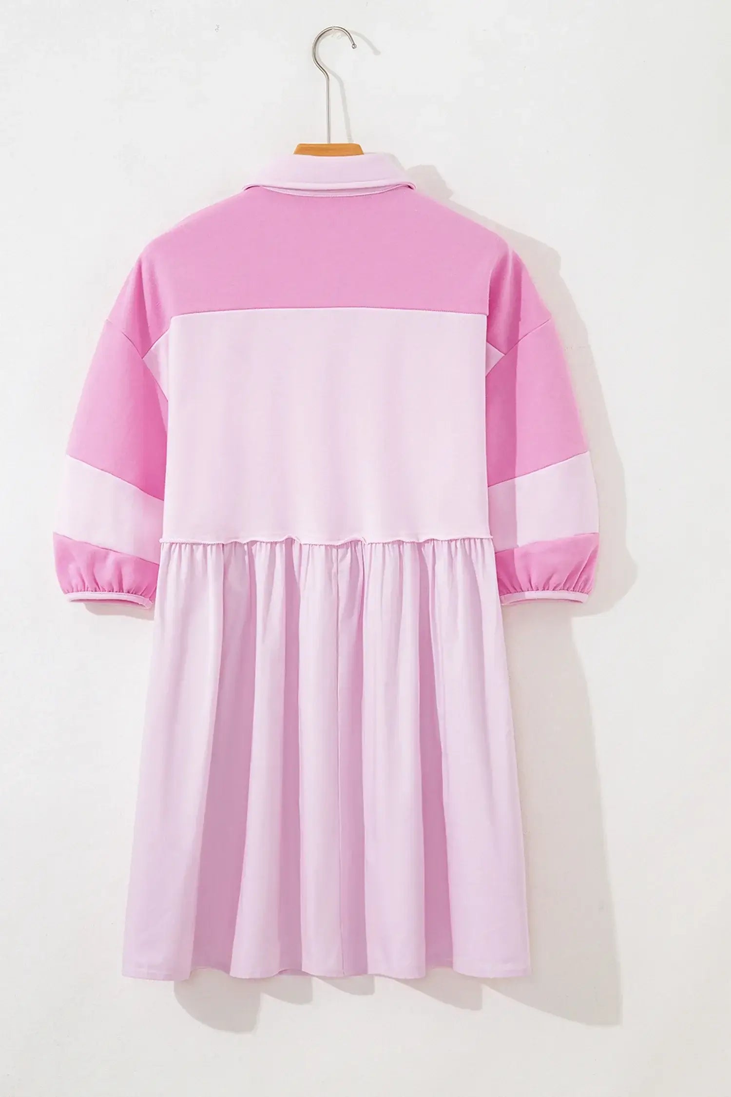 Pink Raw Seam Color Block Patchwork Button Polo Collar Mini Dress - Sweet Fashion Wholesale