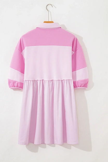 Pink Raw Seam Color Block Patchwork Button Polo Collar Mini Dress - Sweet Fashion Wholesale