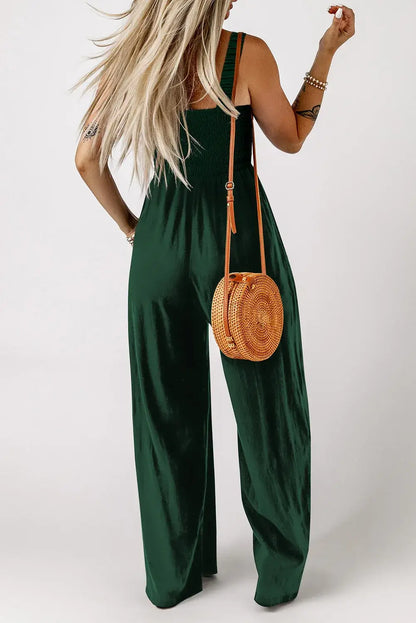 Ginger Smocked Sleeveless Wide Leg Jumpsuit with Pockets - Sweet Fashion Wholesale