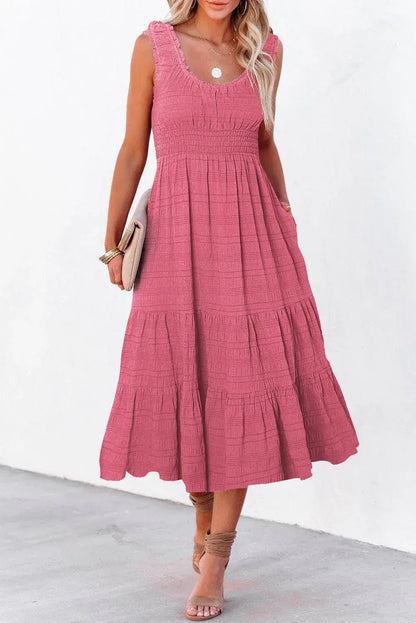 Black Shirred Pleated Square Neck Sleeveless Midi Dress - Sweet Fashion Wholesale