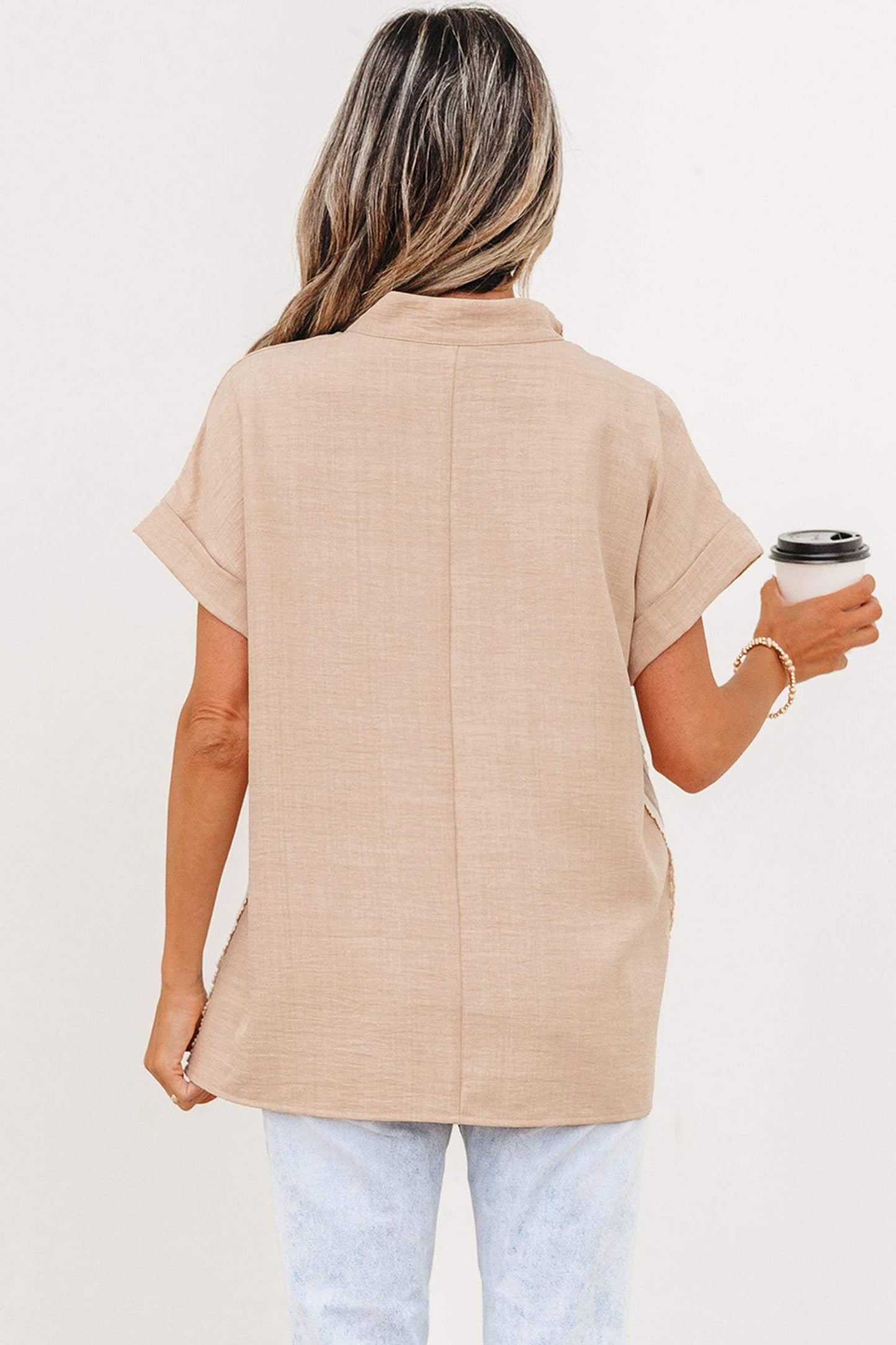 Parchment Crochet Lace Accent Pullover Rolled Short Sleeve Blouse