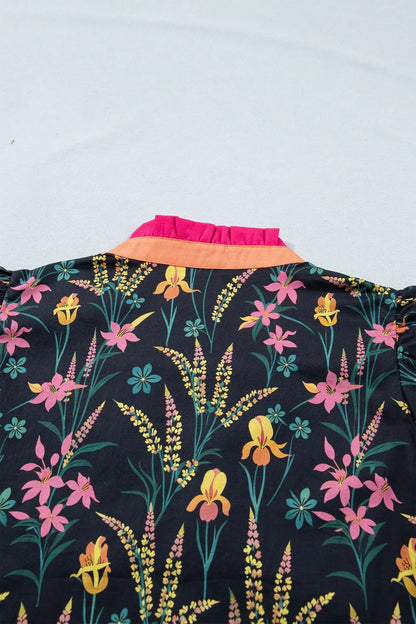 Black Floral Print Contrast Trim Tiered Ruffled Short Sleeve Blouse
