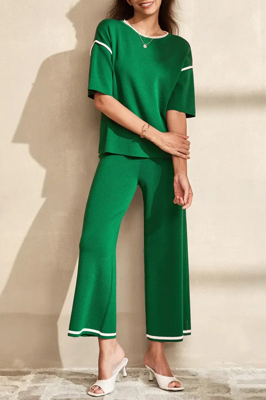 Blackish Green Contrast Trim Half Sleeve Top Drawstring Pants Loose 2pcs Sweater Suit - Sweet Fashion Wholesale