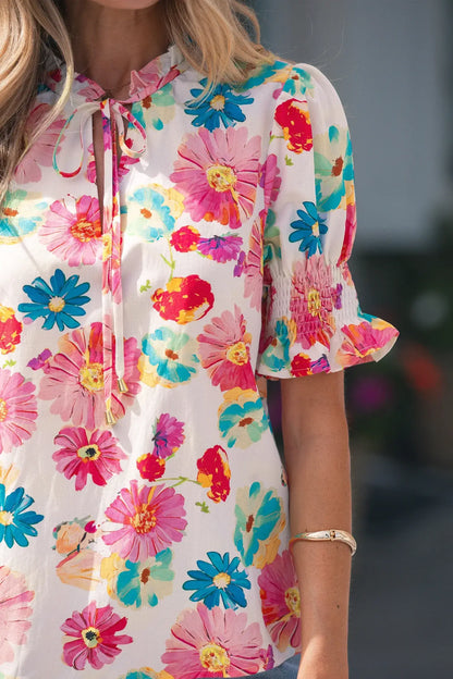 Beige Vibrant Summer Floral Tie V Neck Short Puff Sleeve Blouse - Sweet Fashion Wholesale