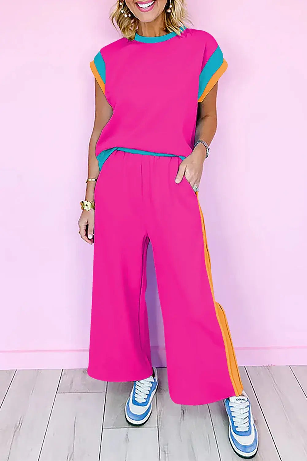 Dark Green Color Block Detail Casual Two-piece Set - Sweet Fashion Wholesale
