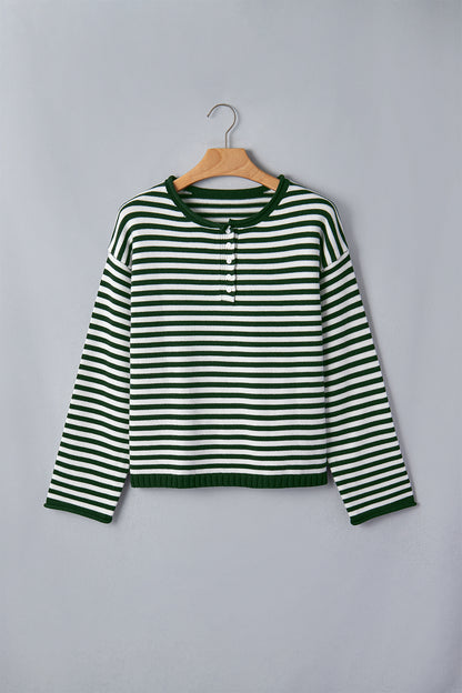 Green Stripe Striped Button Placket Drop Shoulder Long Sleeve Sweater