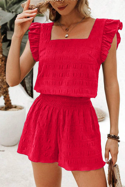 Peach Blossom Textured Square Neck Top and Shirred High Waist Shorts Set