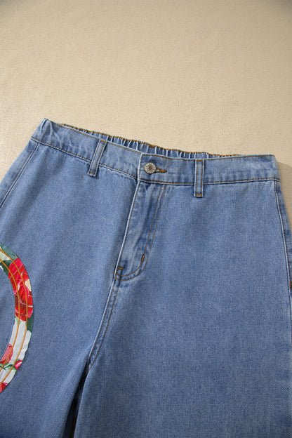 Myosotis Floral Peace Sign Embroidered Patch Wide Leg Jeans