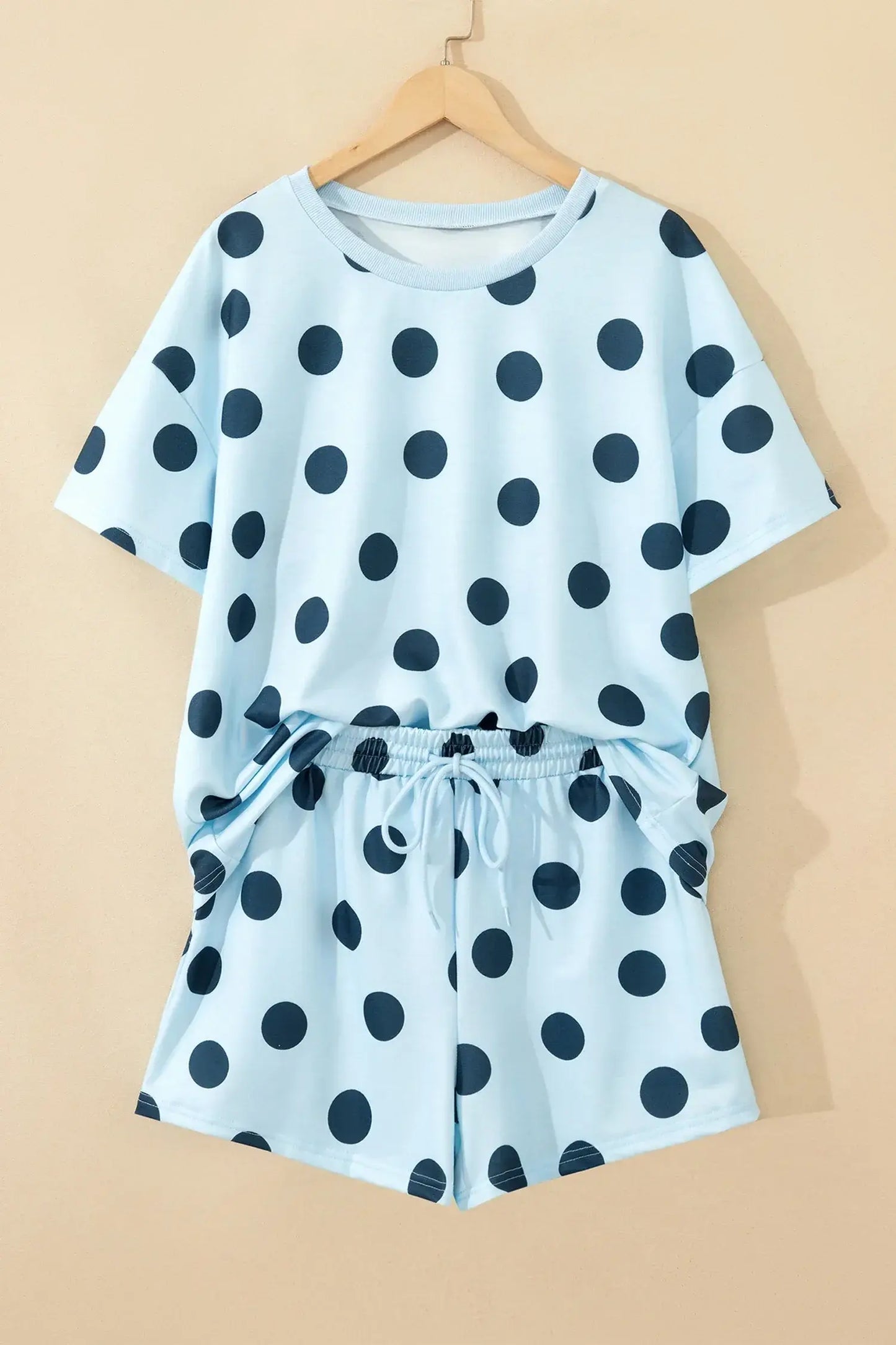 Pink Polka Dot Print Loose Tee Drawstring Elastic Waist Short Set - Sweet Fashion Wholesale