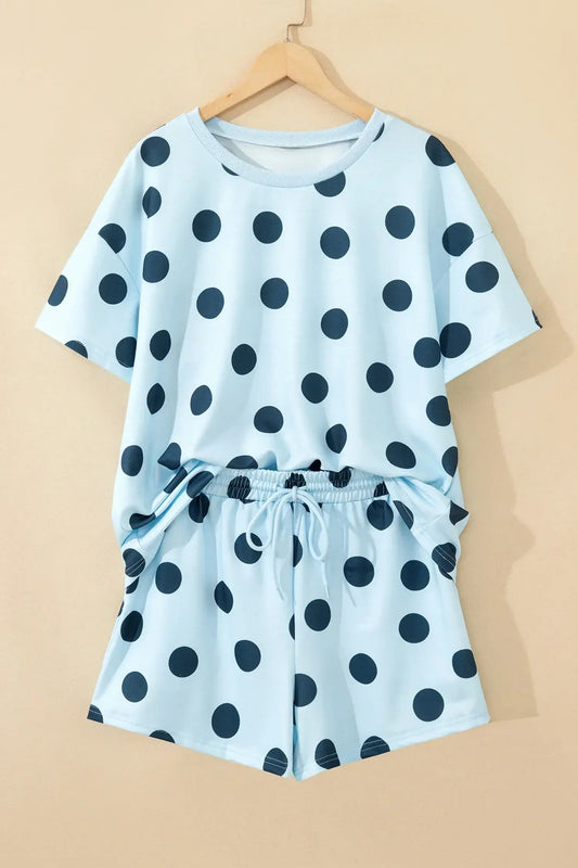 Pink Polka Dot Print Loose Tee Drawstring Elastic Waist Short Set - Sweet Fashion Wholesale