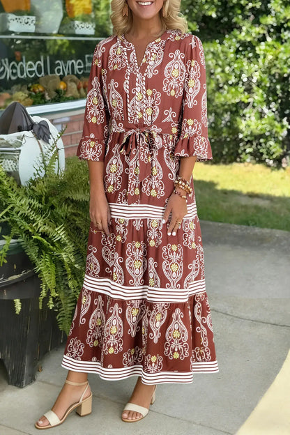 Brown Floral Print Belted Striped Trim Tiered Maxi Dress - Sweet Fashion Wholesale