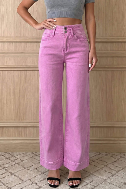 Mist Green 2-Button High Waist Wide Leg Jeans