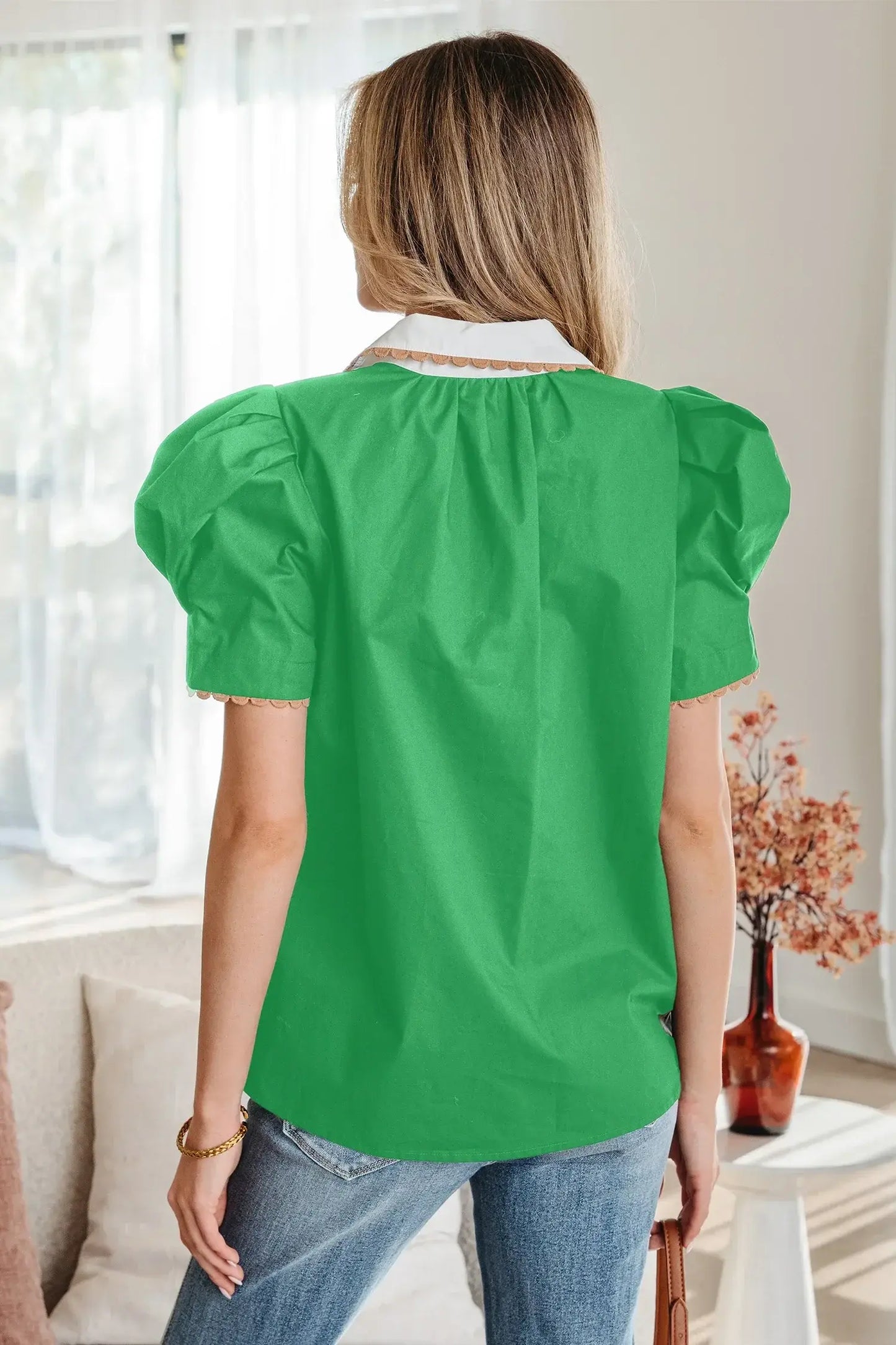 Bright Green Ricrac Trim Color Block Patchwork Shirt Collar Short Sleeve Blouse - Sweet Fashion Wholesale